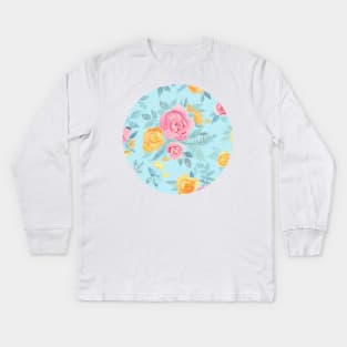 Chalk Pastel Pink & Orange Roses on Sky Blue Kids Long Sleeve T-Shirt